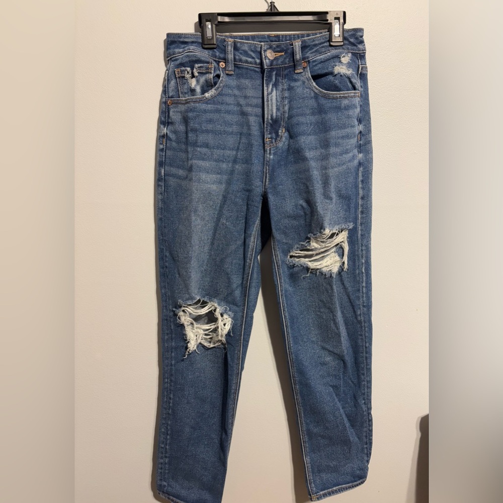 American Eagle Blue Mom Straight Leg Jeans with Distressed Details